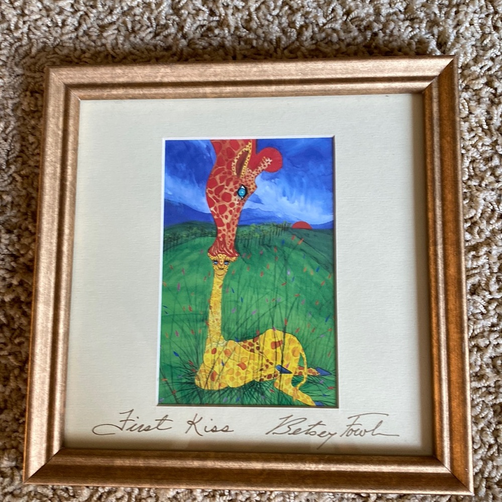BETSY FOWLER'S SIGNED FRONT AND BACK FIRST KISS FRAMED MATTED GIRAFFES
